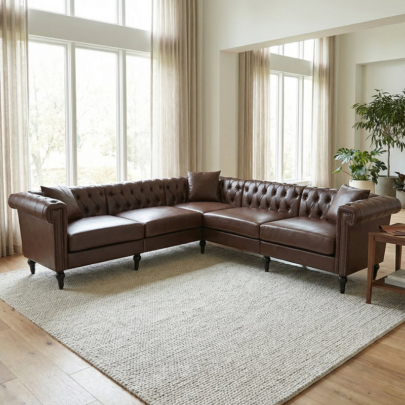 Reversible L-Shaped Sectional Sofa - 5-Seater Chesterfield Style PU Leather Couch With Nailhead Trim For Living Room Or Large Spaces