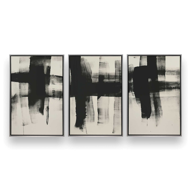 Ensemble de 3 impressions sur toile gris anthracite, H 48,75 po x l 98,25 po x P 1,75 po, Cadre flottant blanc opaque