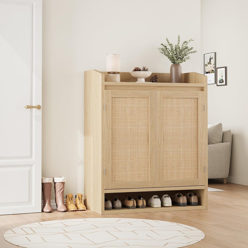 Natural Oak Rattan Shoe Cabinet, 4-Tier Modern Wooden Boho Storage with Double Doors for Entryway or Hallway, Brown