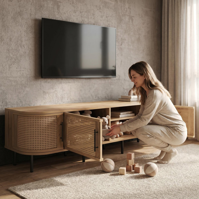 Meuble télé 70 po pour téléviseur de 70 po ou moins en rotin moderne, console multimédia avec rangement, trous pour câbles, pieds en fer pour le salon