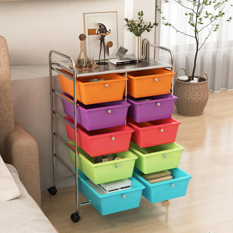 Nally 10 Drawer Storage Drawer with Locking Wheels, Colorful/Silver