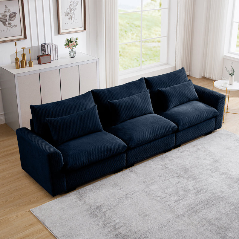 Deep Seat Comfy Living Room Sofas with 3 Waist Pillows, Blue, 34.73" H x 157.42" W x 33.72" D
