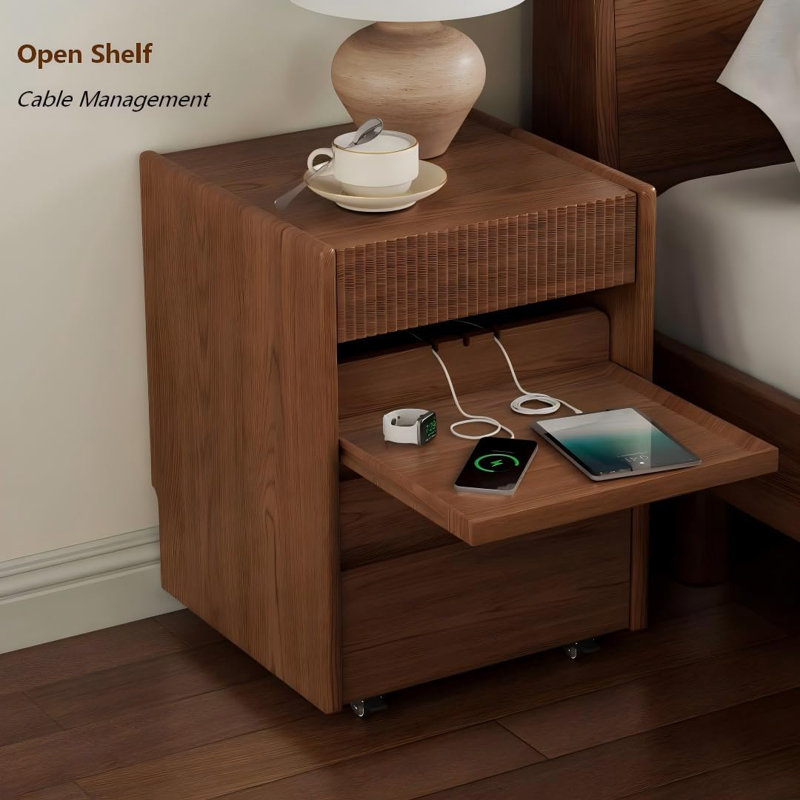3-Drawer Solid Wood Nightstand with Pull-Out Shelf