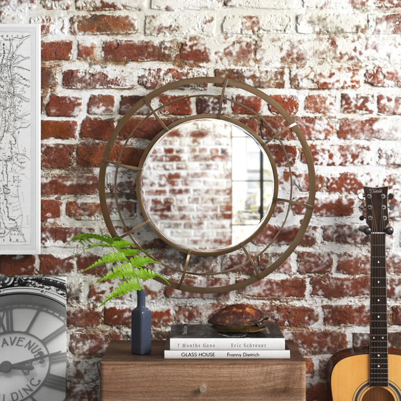 Modern Metal and Glass Wall Mirror with Openwork Frame - Contemporary Round Decorative Accent., Black