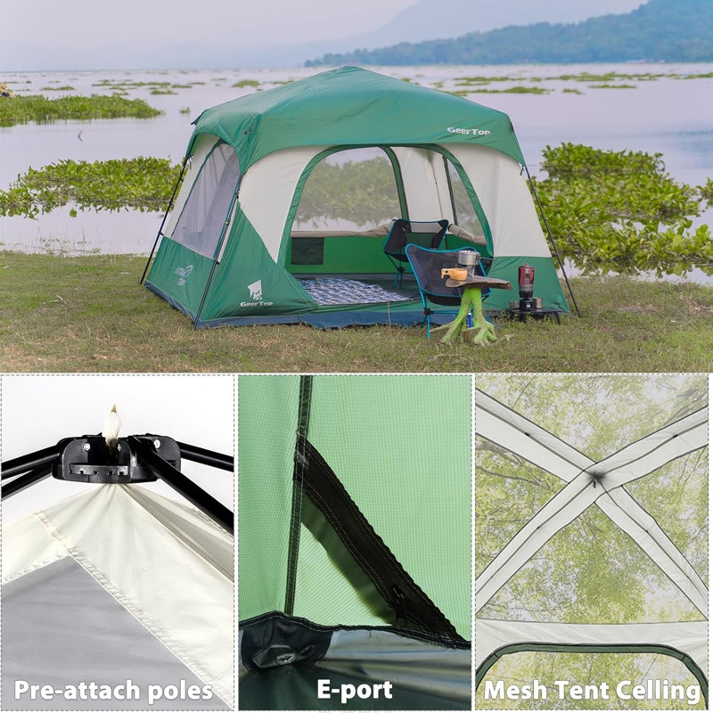 Tente de chalet 6 personnes avec installation instantanée de 60 secondes, tente de camping familiale imperméable avec fenêtres en filet et lanterneau pour les aventures en plein air