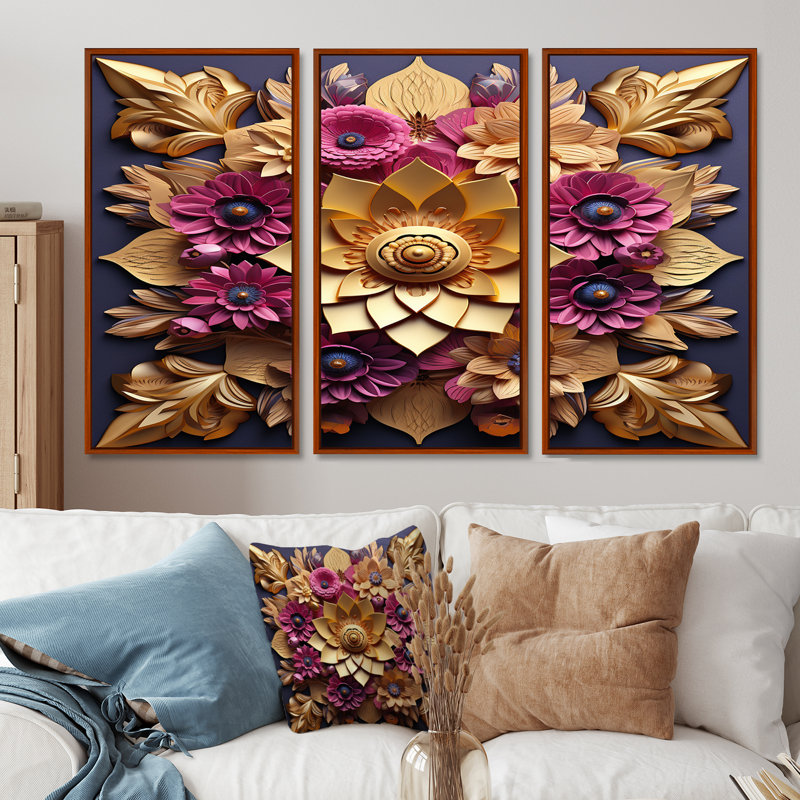 Balen - lot d'art mural lotus, H 40 po x l 60 po x P 1 po, Cadre flottant brun