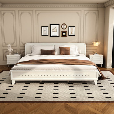 Très grand lit en pin, couleur blanche, sans sommier, fabrication, 82,7 po de long, 77,6 po de large, 6,3 po sous l'espace, lit à installation simple en bois massif, ressorts nécessaires, conception intemporelle, cadre,