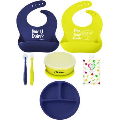 Evla's Baby Feeding Set, Baby Led Weaning Supplies, Adjustable Silicone Bibs, Divided Plate, Suction Bowl With Lid, Soft Spoons For Babies Or Toddlers