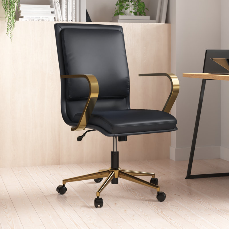 Fauteuil de direction pivotant rembourré à dossier moyen avec accoudoirs, Noir, Doré