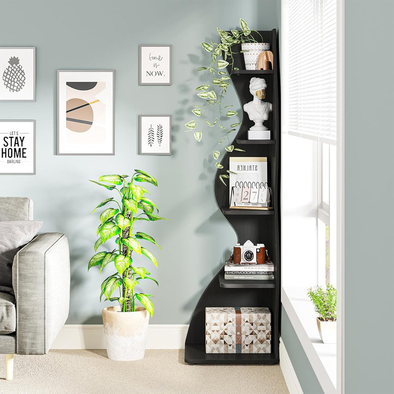 Bibliothèque murale moderne d'angle à 5 niveaux - Petite bibliothèque et support de rangement élégant, support à plante avec forme unique pour le salon ou le bureau personnel - 1 pièce, noir