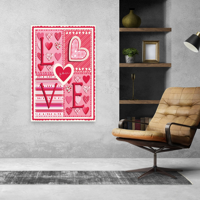 «Love You», art mural abstrait fantaisiste romantique, 48" H x 32" W