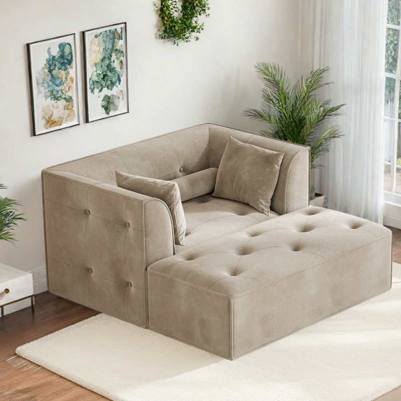 Boneless Modern Sofa With Removable Ottoman And Pillows, Beige
