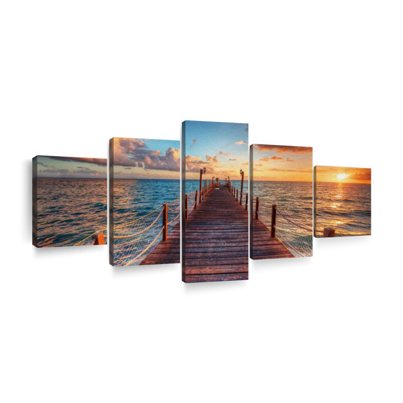 Coucher de soleil au-dessus d'un quai sur toile, ensemble de 5 pièces, H 55 po x l 24 po x P 1,25 po