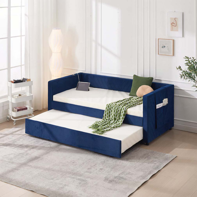 Upholstered Daybed with Trundle,USB Port ,Side Pockets, Navy