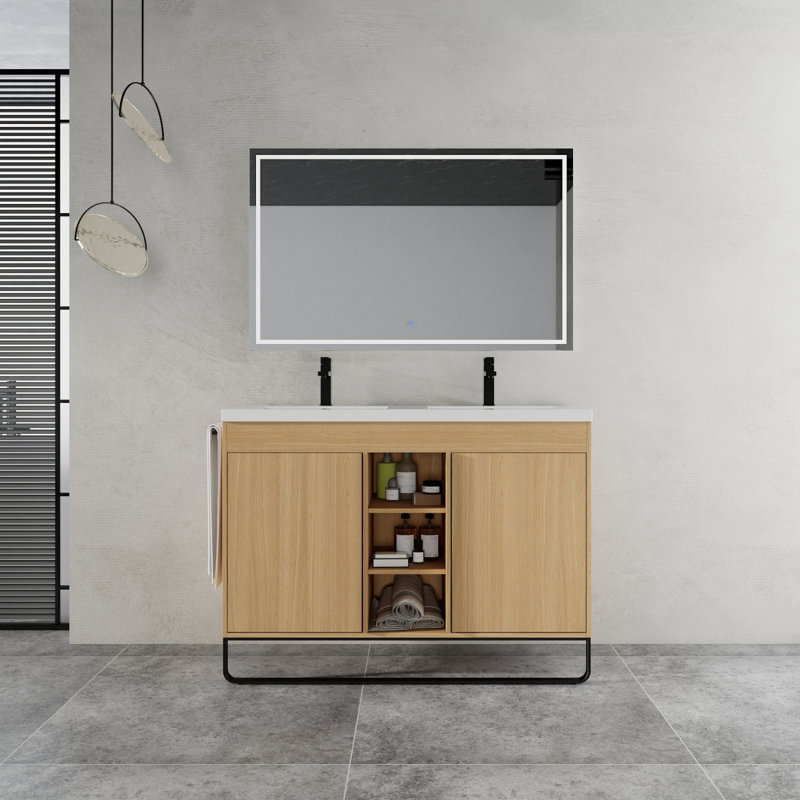 Ensemble de meuble-lavabo autoportant 48 po avec double lavabo en résine, porte à fermeture en douceur 2 et support de rangement à 3 ouvertures, emballage KD, contreplaqué