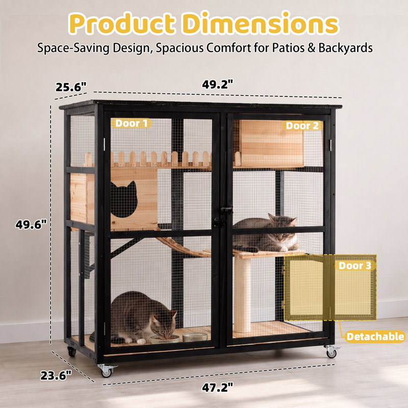 Grande maison pour chat en bois avec roues et plateforme Catio