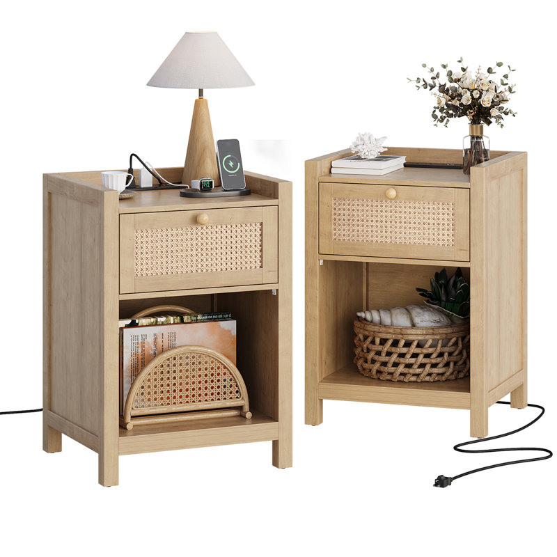 Rattan Nightstands Set of 2, Modern Bedside Tables with Charging Station, USB, Type-C Port for Bedroom, Living Room
