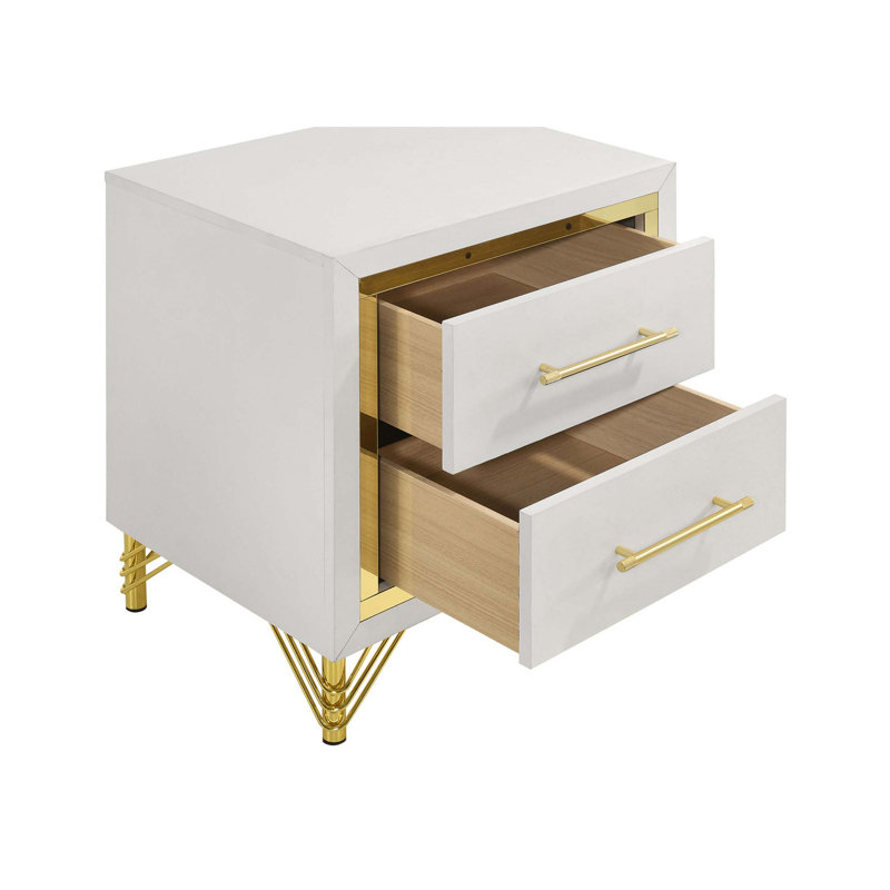 2 Drawers Wooden Nightstand With Metal Handles, White