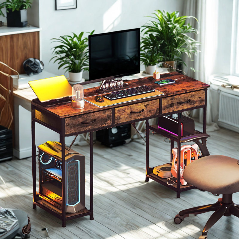 Industrial 120CM Computer Desk With Drawers and USB Outlets