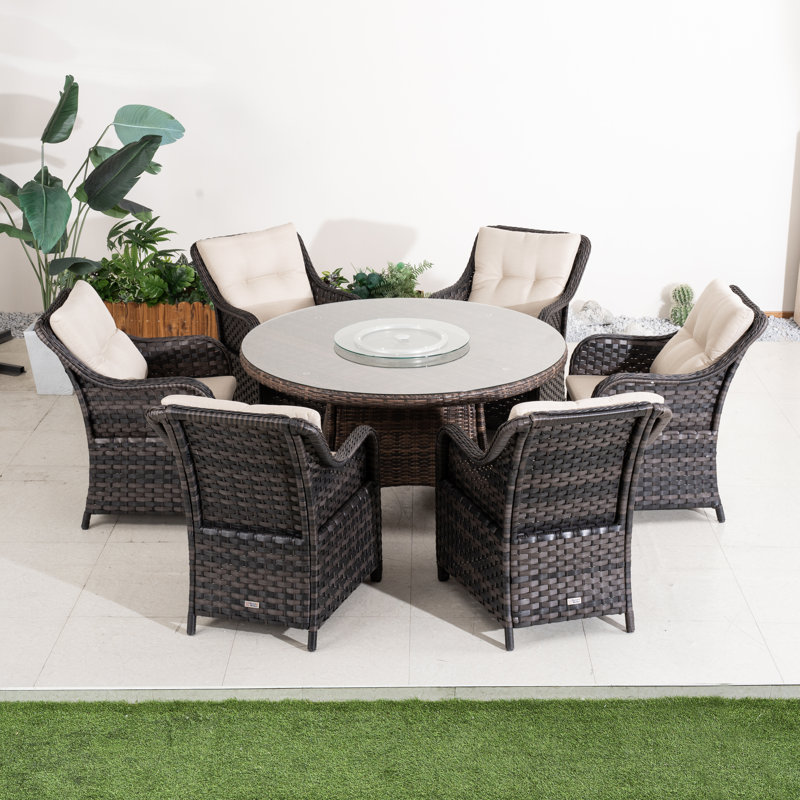 Ensemble repas pour 6 personnes en osier avec table ronde, coussins inclus