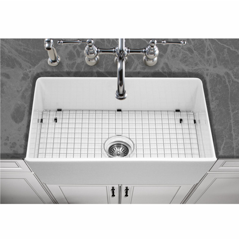 Houzer 33 in  Fireclay Apron Front Farmhouse Kitchen Sink w/ Strainer, Grid - PTG-4300 WH-C