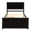 Lit plateforme simple avec tiroirs roulants et structure en bois massif au fini espresso