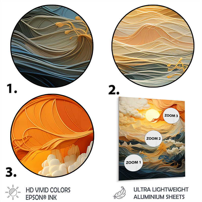 «Orange Bold Waterfall Sunrise III - Vagues», art mural en métal, H 40 po x l 30 po x P 1,5 po