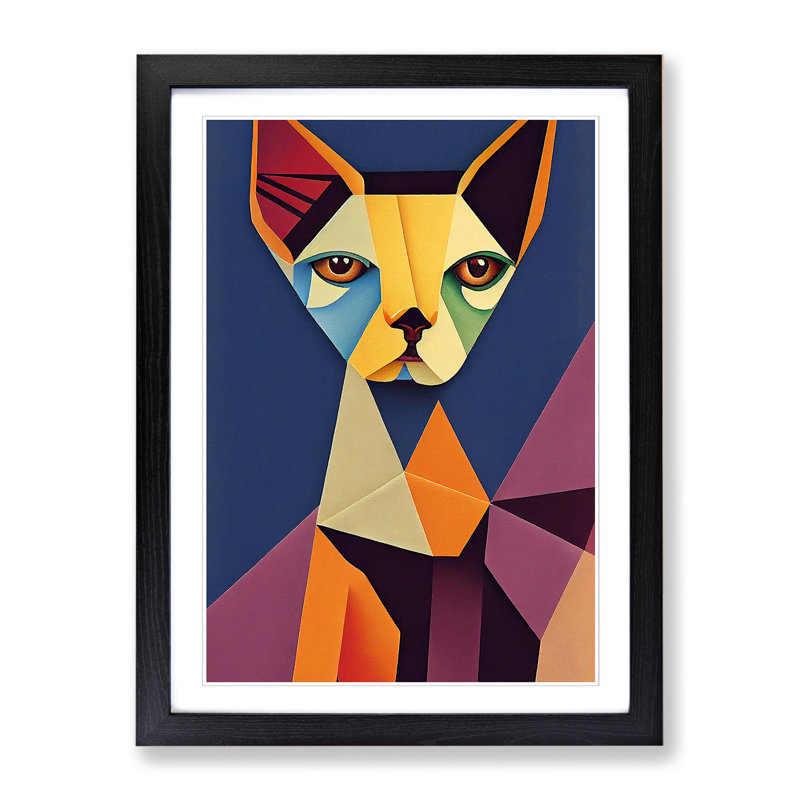 Sphynx Cat Cubism - Single Picture Frame Painting, 46cm H x 34cm W x 2cm D, Black