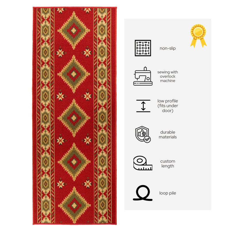 Custom Size Anti-Bacterial Non-Slip Southwestern Red Rovel Design Low Pile Hallway Runner Rugs, Runner 2'8" x 50'