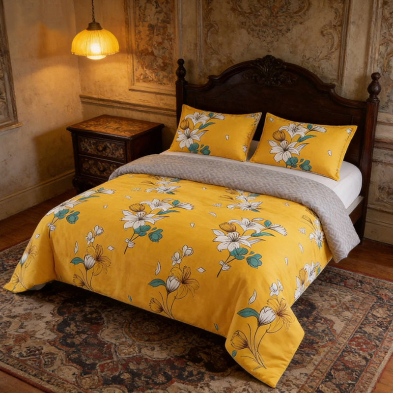 Ensemble d'édredon réversible 2 pièces jaune moutarde à motif floral, ensemble de literie à motif de fleur de lys, édredon en microfibre douce et légère avec 1 taie d'oreiller, literie confortable et respirante pour toutes les saisons
