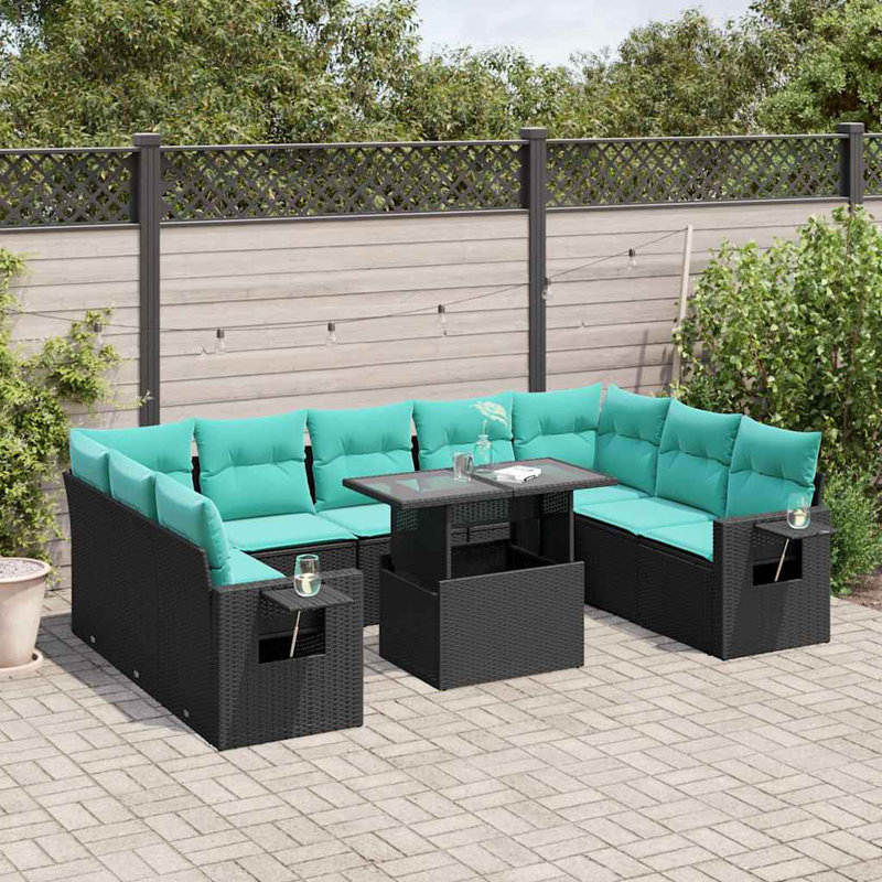 Ensemble de canapé de patio 10 pièces avec coussins en rotin de polyester, Bleu clair, Noir