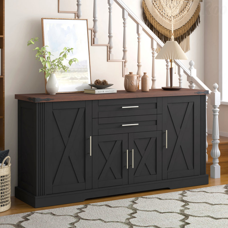 Armoire de rangement 63 "à porte de grange 63" - 2 tiroirs, support de porte, tablettes réglables, grand buffet café, Noir