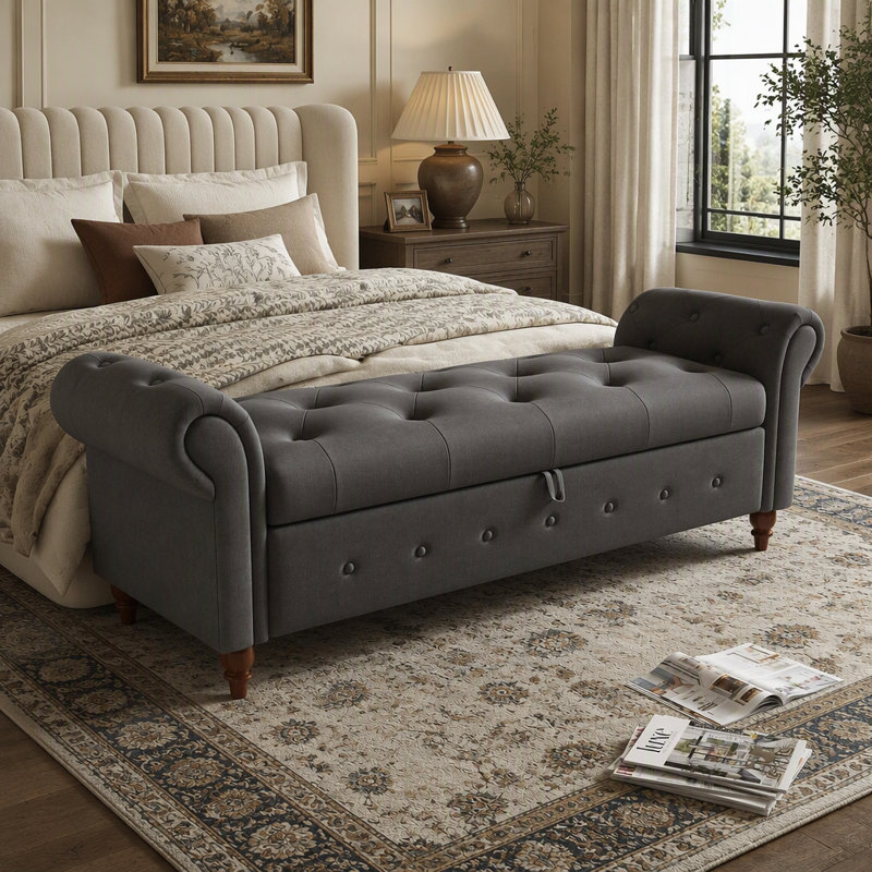 Banc de lit en tissu gris foncé