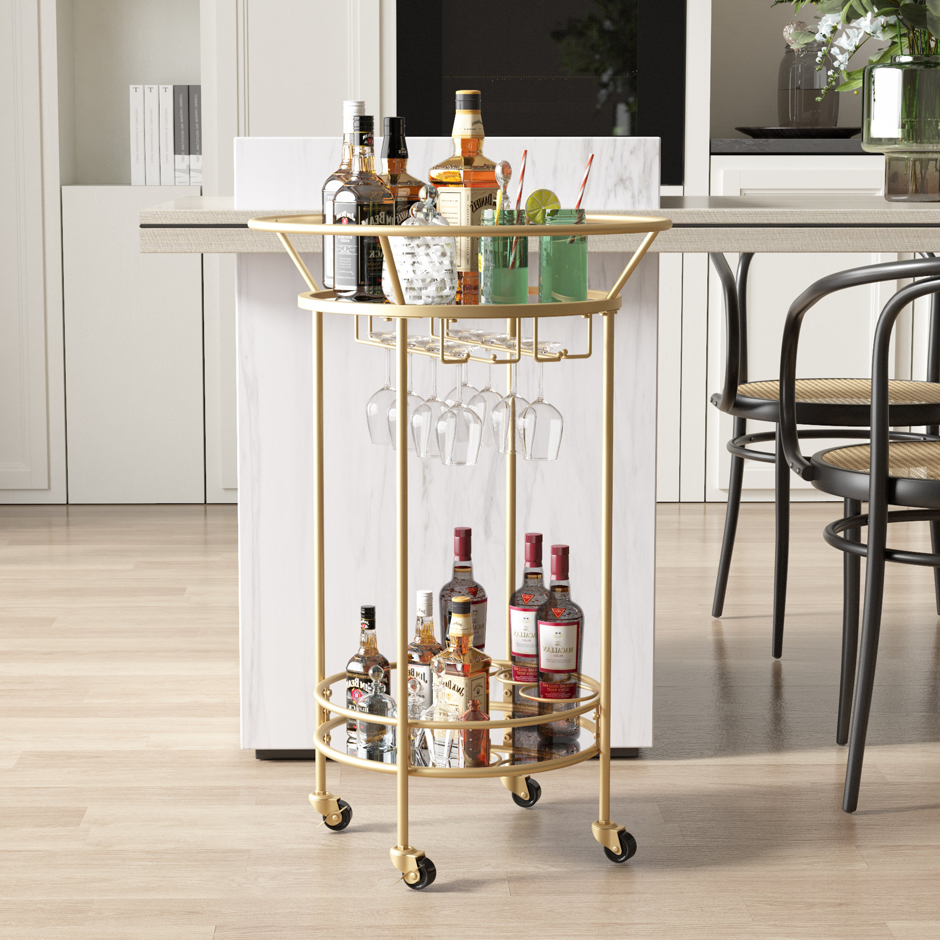 Mercer41 Jetsen Gold Metal Bar Cart with Wheels | Wayfair