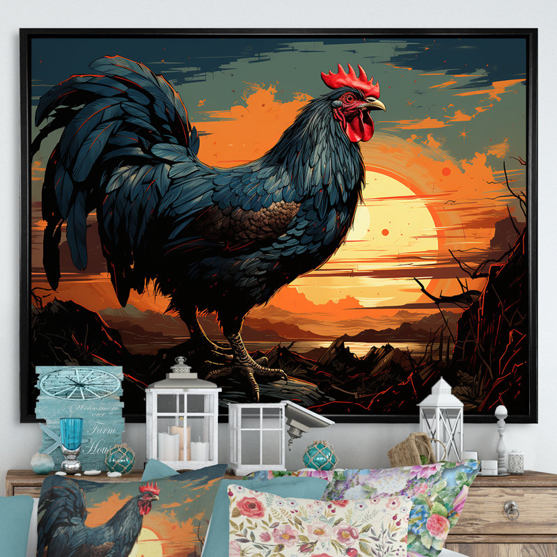 «Sunset Roosters Farmyard II», art mural coq, Cadre flottant noir, H 12 po x l 20 po x P 1 po