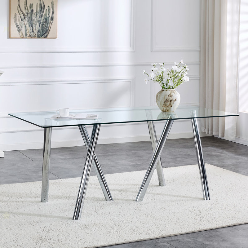 Table de salle à manger en verre trempé de 71 pouces avec pieds robustes en métal, Argent argent
