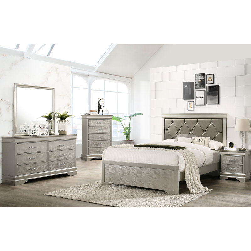 Lit contemporain beige en bois massif avec tête de lit capitonnée à motif crocodile, Très grand lit, Beige