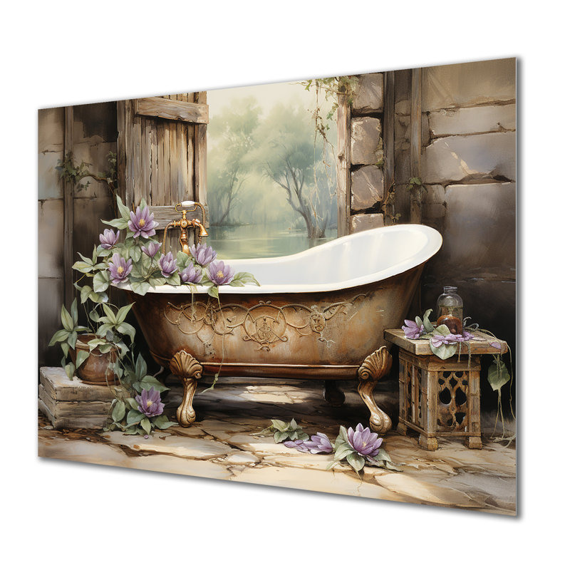 Farmhouse Bathtub Florals - Bathroom Metal Wall Art MT132082, 12" H x 20" W x 1" D