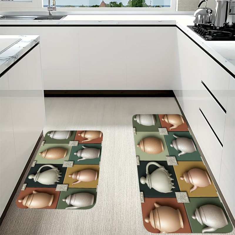 Multicolore, ensemble de 2 tapis de cuisine à motif de théière rétro pour salle à manger