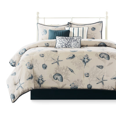7 Piece Comforter Queen Blue - 180Tc Cross Weave Cotton With Theme 200Tc Decor And Embroidery