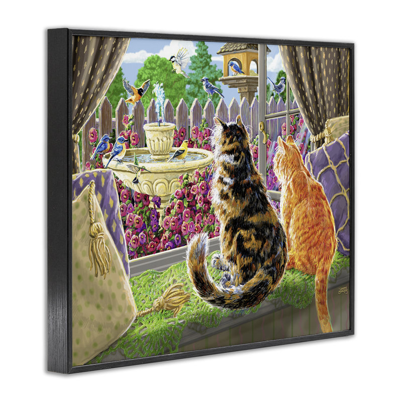 Chats avec vue, estampe numérique encadrée, design par Joseph Burgess, H 24 po x l 30 po, Giclée encadrée noir minuit