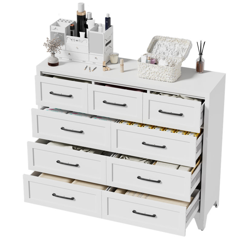 Commode haute à 9 tiroirs peu encombrante avec glissières coulissantes pour le rangement à la maison, Blanc