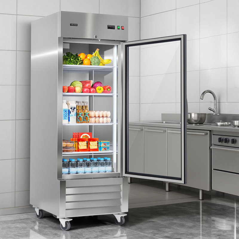 Réfrigérateur commercial, porte vitrée simple de 29,02 po de largeur, réfrigérateur en acier inoxydable à dégivrage automatique de 21,5 pieds cubes avec 4 tablettes réglables, plage de température de 32 à 50 ° C