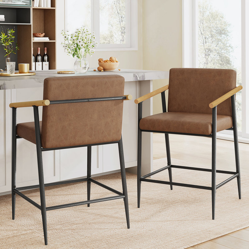 Tabouret de comptoir avec cadre en fer - ensemble de 2 - noir et brun rougeâtre, Brun