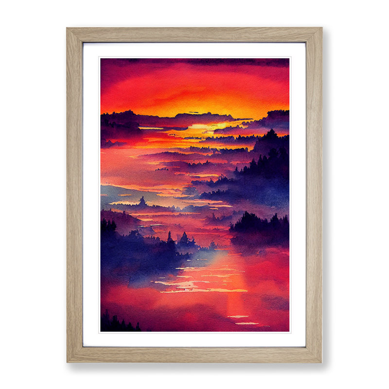 Sunset over Mountains - Wall Art, White, 46cm H x 34cm W x 2cm D, Brown Framed