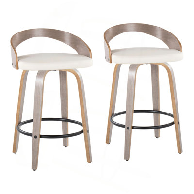 Tabouret de comptoir à hauteur fixe avec pivot en bois gris clair et similicuir avec repose-pieds rond en métal noir - ensemble de 2