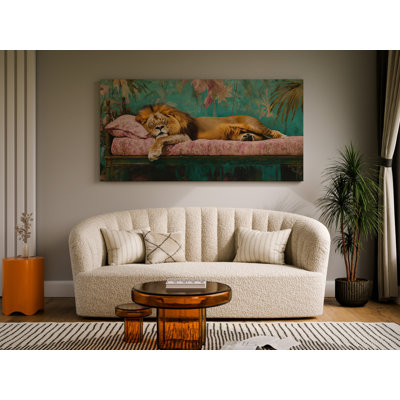 Lion endormi dans un lit rétro, art mural jungle, toile prête à accrocher