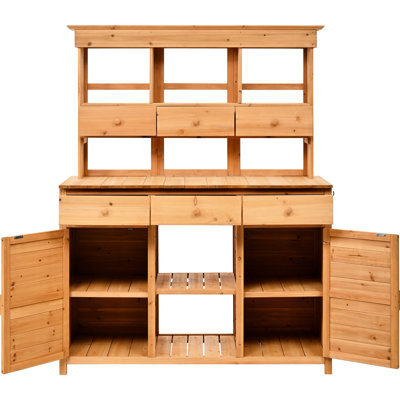 Banc de rangement pour cuisine en bois de sapin d'une hauteur de 65,7 po, 6 tiroirs, 2 armoires, 3 tablettes réglables, crochets latéraux, ergonomique, spacieux pour le jardin, le patio, et l'établi de serre