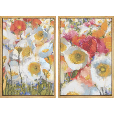 " Pastel Vintage Rainbow Poppy Flower Field Nature Wilderness Illustrations Chic Closeup Colorful " 2 - Pieces