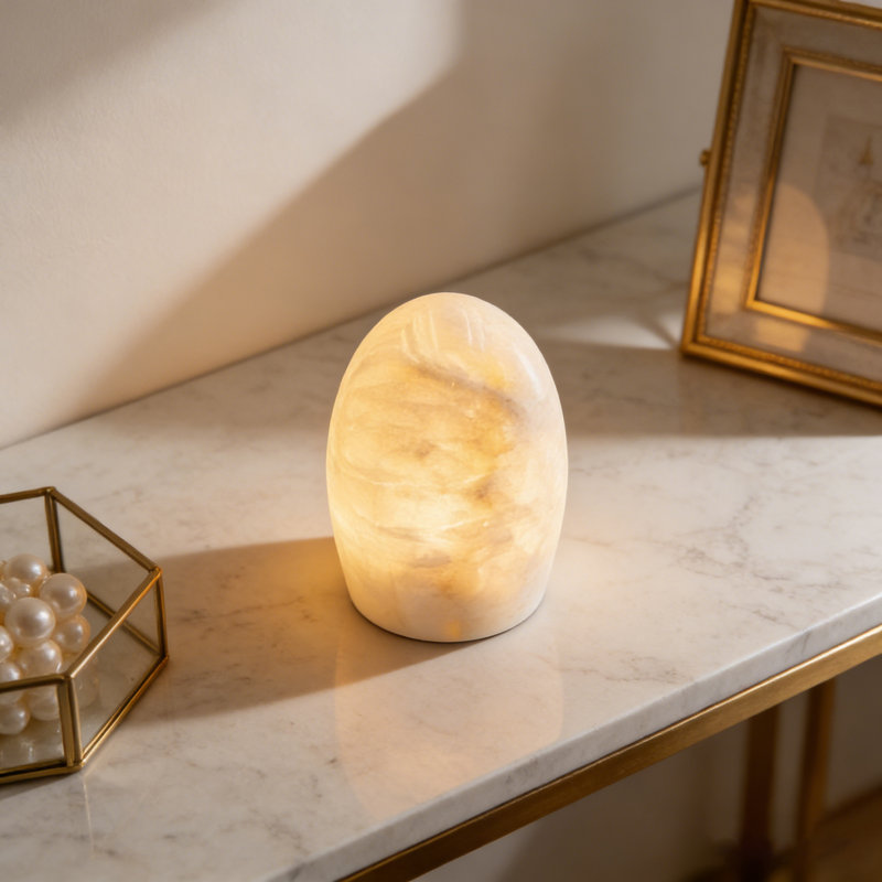 Natural Peach Jade Egg Marble Touch Table Lamp, Rechargeable Cordless Warm LED Night Light with 3-Level Dimmable Brightness, Portable Decorative Ambient Accent Lamp for Indoor & Outdoor Use